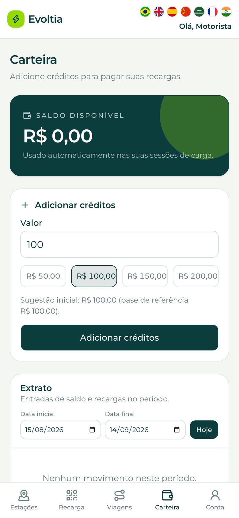 Carteira do motorista no app Evoltia