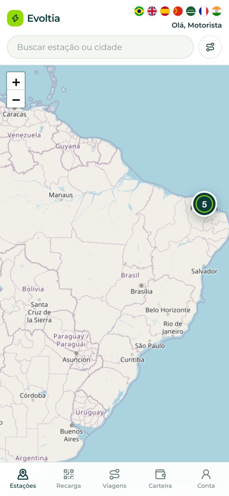 Aba Estações do app motorista Evoltia