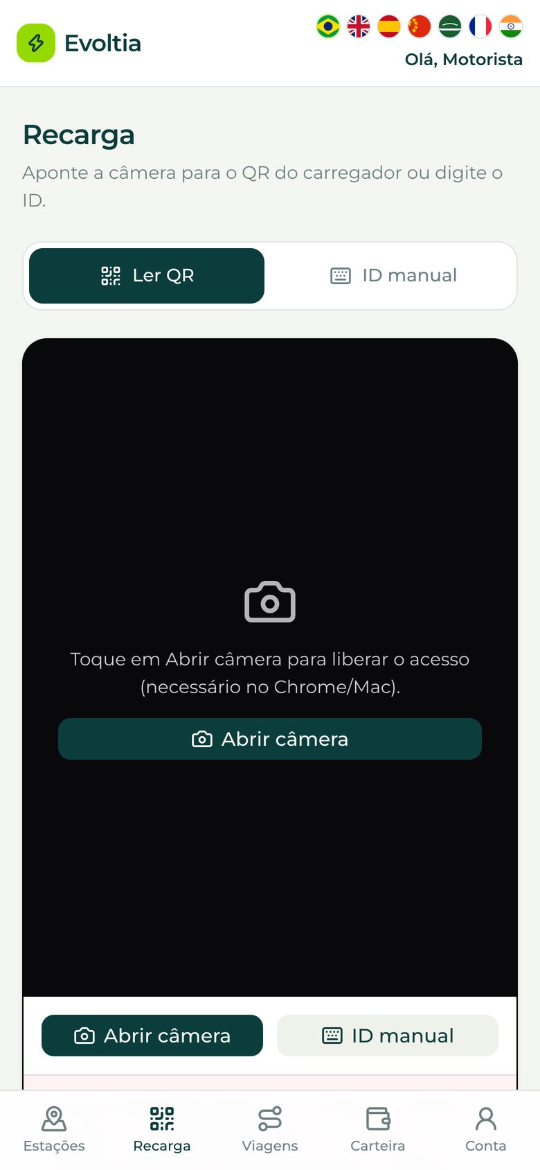 Tela de recarga com leitura de QR no app Evoltia